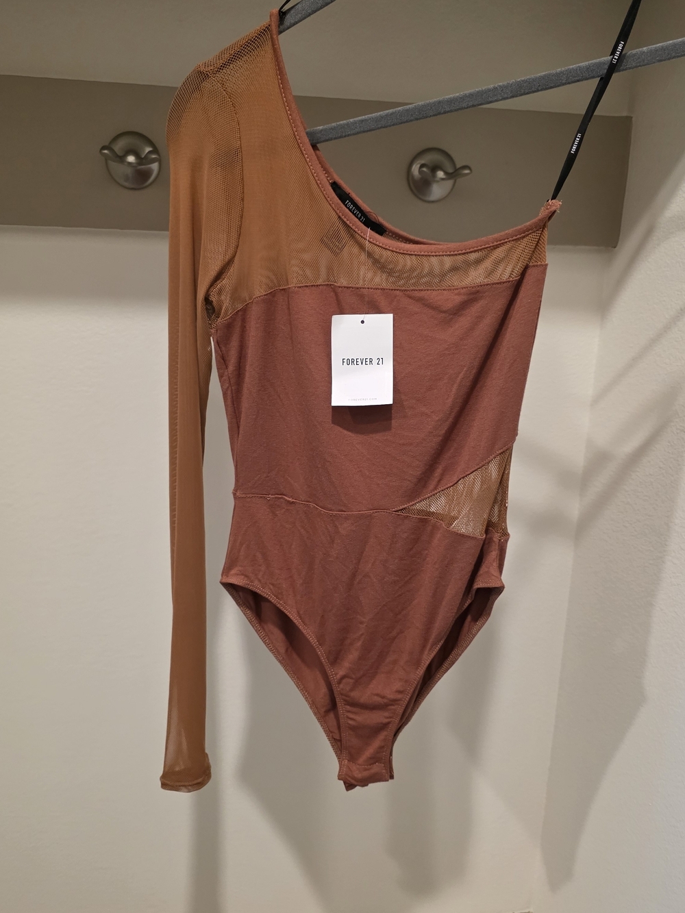 Forever 21 Brown One-Shoulder Mesh-Trim Bodysuit
